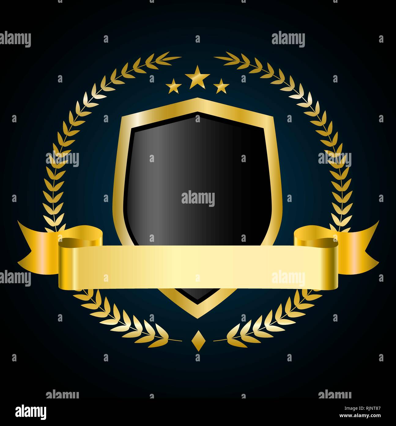 Scudo dorato con corona di alloro e nastro d'oro. Illustrazione Vettoriale. Illustrazione Vettoriale