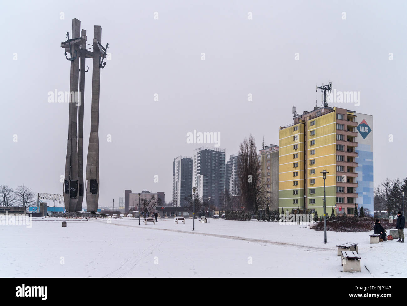 Monumento ai Caduti i lavoratori del cantiere del 1970, costruito 1980, la solidarietà europea centro museo, Plac Solidarności, Danzica, Polonia Foto Stock