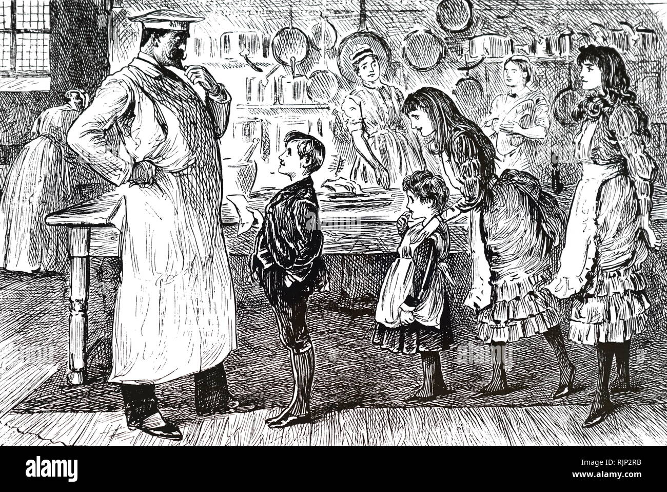 Un cartone animato raffigurante un chef di cucina e cameriera durante il periodo festivo. Illustrato da George du Maurier. Datata del XIX secolo Foto Stock