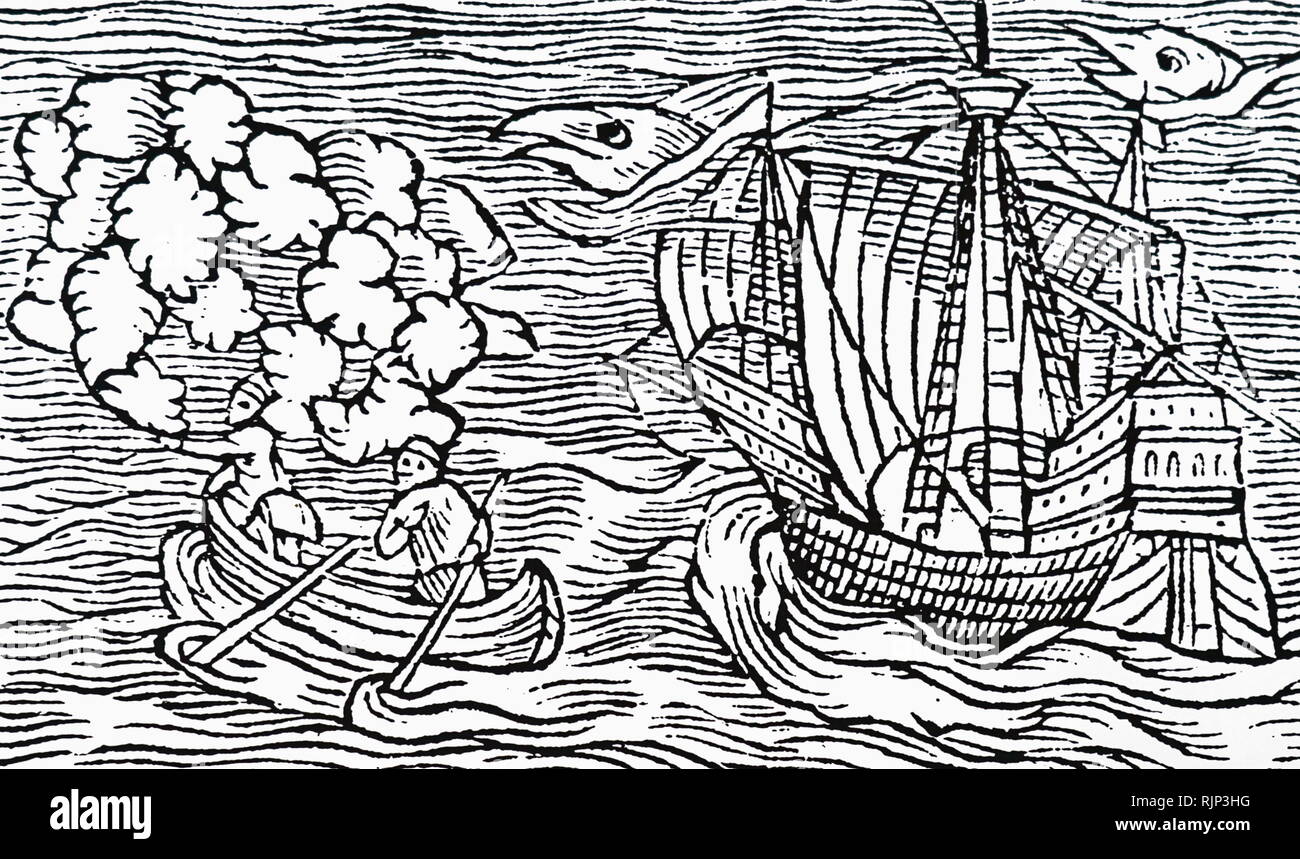 Una xilografia incisione raffigurante caccia alla balena. Datata xvi secolo Foto Stock
