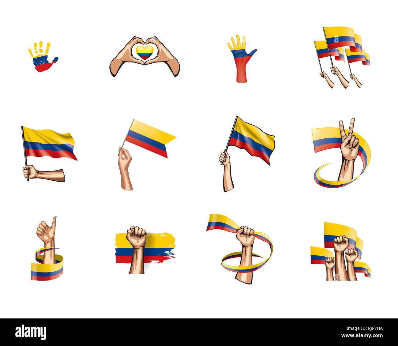 Colombia bandiera e la mano su sfondo bianco. Illustrazione Vettoriale Illustrazione Vettoriale