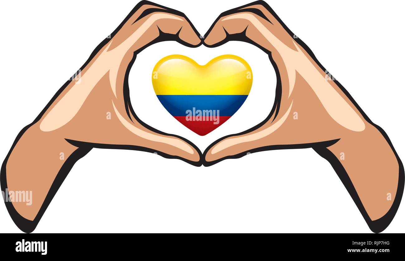 Colombia bandiera e la mano su sfondo bianco. Illustrazione Vettoriale Illustrazione Vettoriale