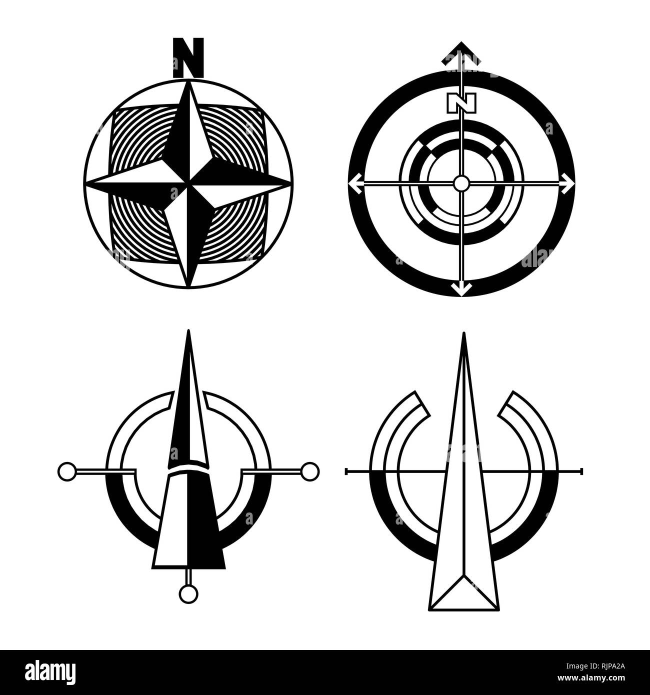 Set di vettore di orientamento delle icone. Orientamento delle direzioni principali per la bussola, mappe, infographics, informazioni di viaggio, sito web. In bianco e nero Illustrazione Vettoriale