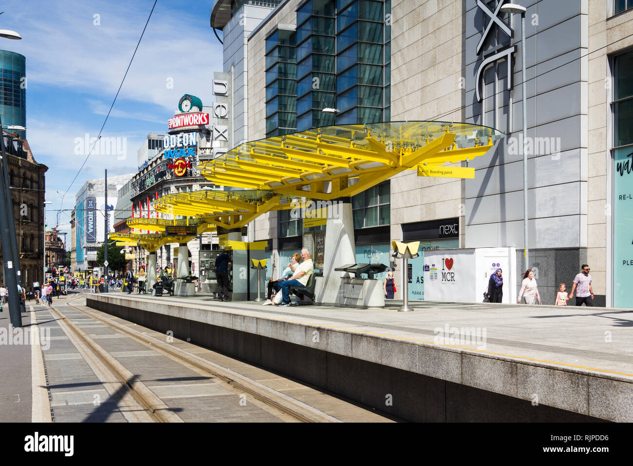 Exchange Square Manchester Metrolink Station su Corporation Street nel centro della città di Manchester. Foto Stock