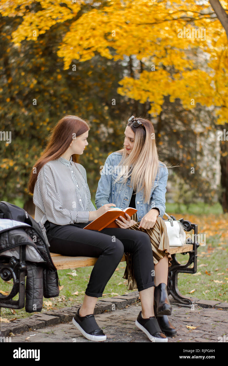 Fidanzate prendere appunti mentre è seduto su una panchina nel parco di autunno Foto Stock