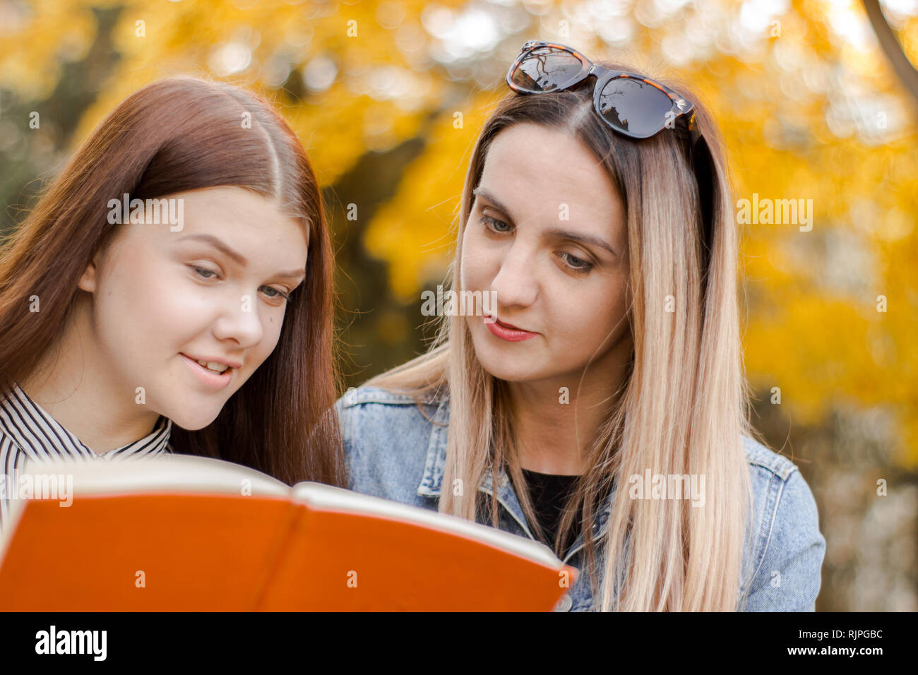 Due belle ragazze, con piacere, leggere un libro in autunno park Foto Stock