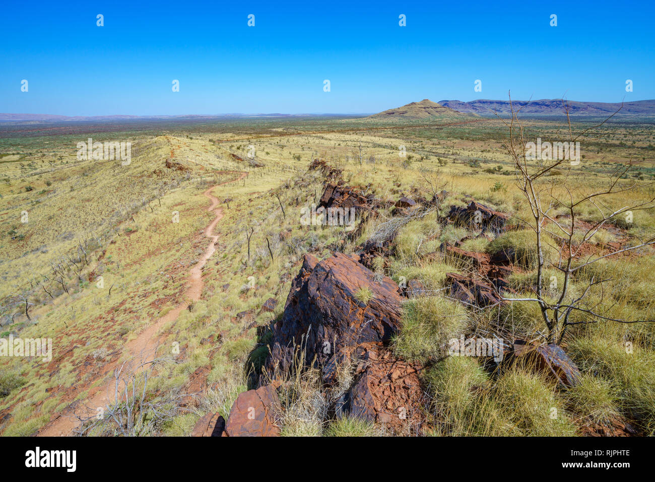 Escursionismo sul Monte bruce nel deserto di Karijini National Park, Australia occidentale Foto Stock