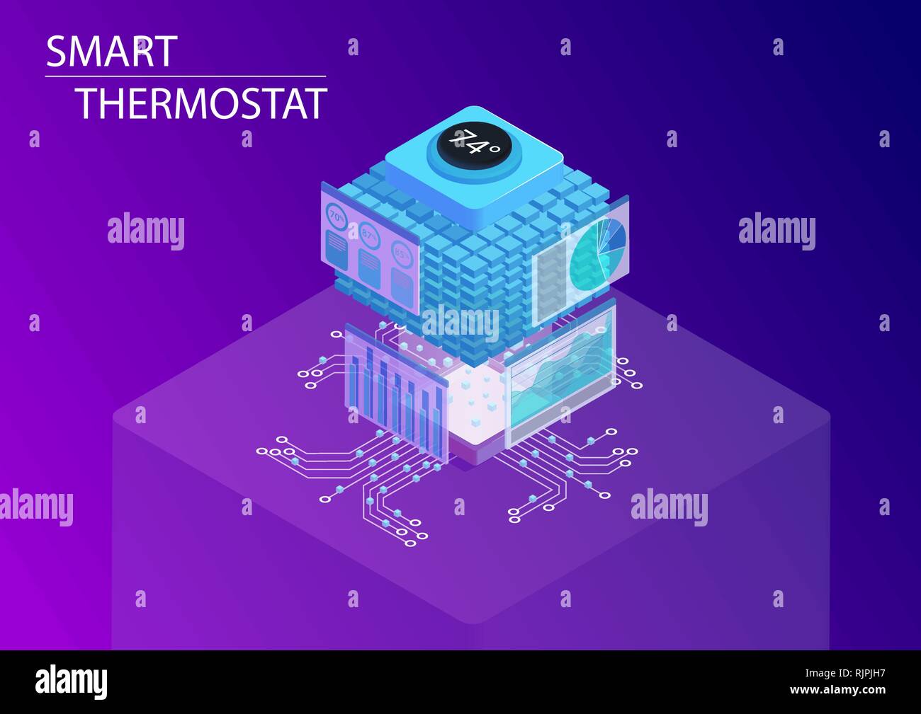 Smart home e termostato intelligente concetto. 3D isometrica illustrazione vettoriale. Illustrazione Vettoriale