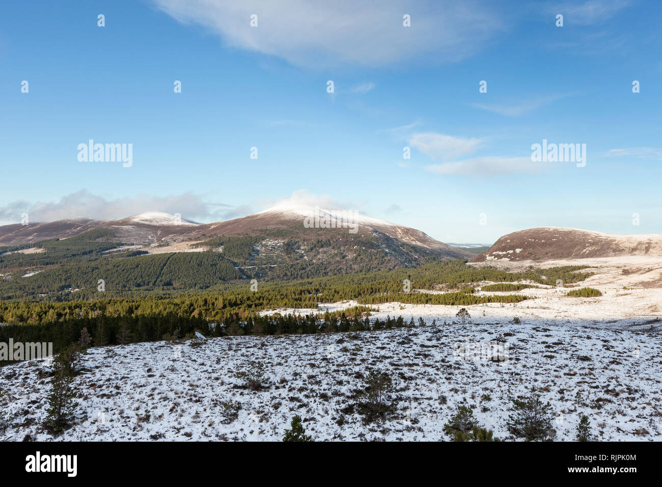 Vista sulla Sugarbowl nel Parco Nazionale di Cairngorms della Scozia. Foto Stock