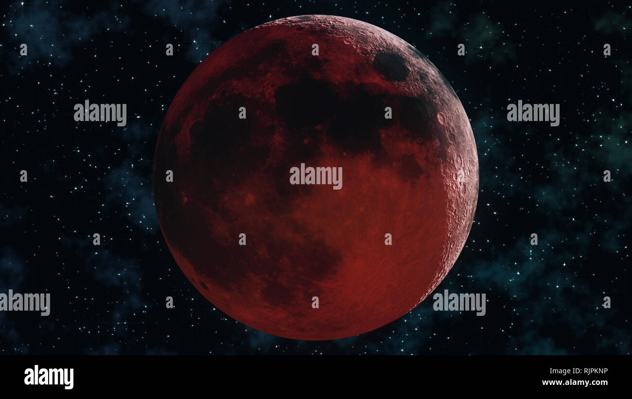 Realistiche in 3D illustrazione della piena Lunar Eclipse. Il sangue luna sorgono e tramontano attraverso tutti i cicli lunari: Luna nuova, crescent, mezza gibbous e luna piena Foto Stock