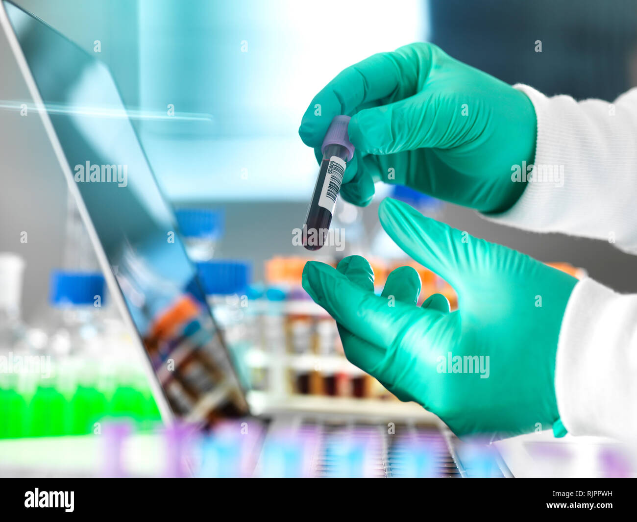 Lo screening sanitario, ricercatore esaminando campioni di sangue e di controllo con i dati sul computer portatile, close up delle mani Foto Stock