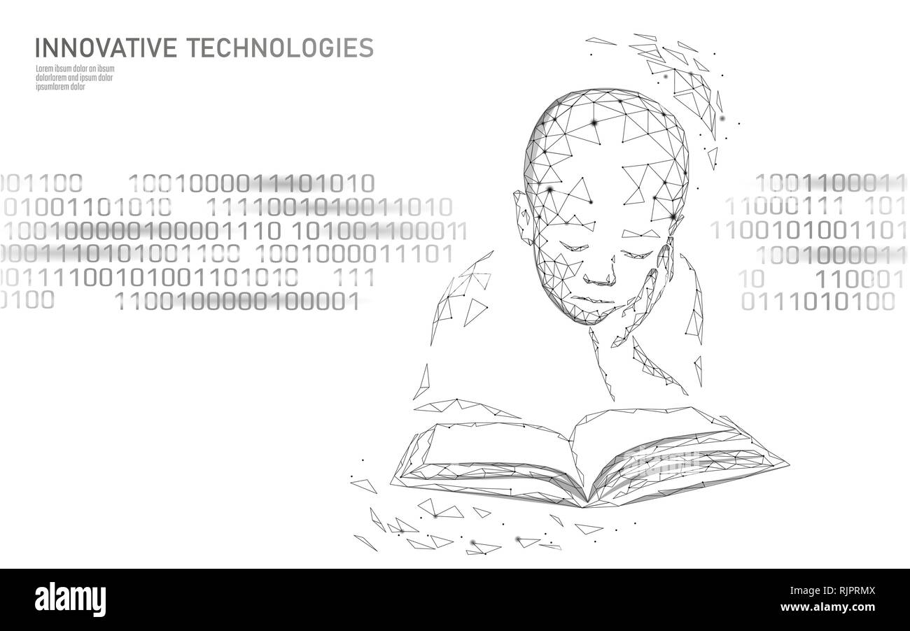 Apprendimento della macchina 3D bassa poli technology business concetto. Rete neurale di intelligenza artificiale di cyborg ragazzo bambino forma. Poligonale i dati di training Illustrazione Vettoriale