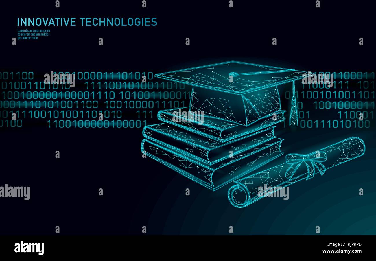 Apprendimento della macchina 3D bassa poli technology business concetto. Addestramento della rete neurale di intelligenza artificiale. Tappo di graduazione, libri, diploma poligonale Illustrazione Vettoriale