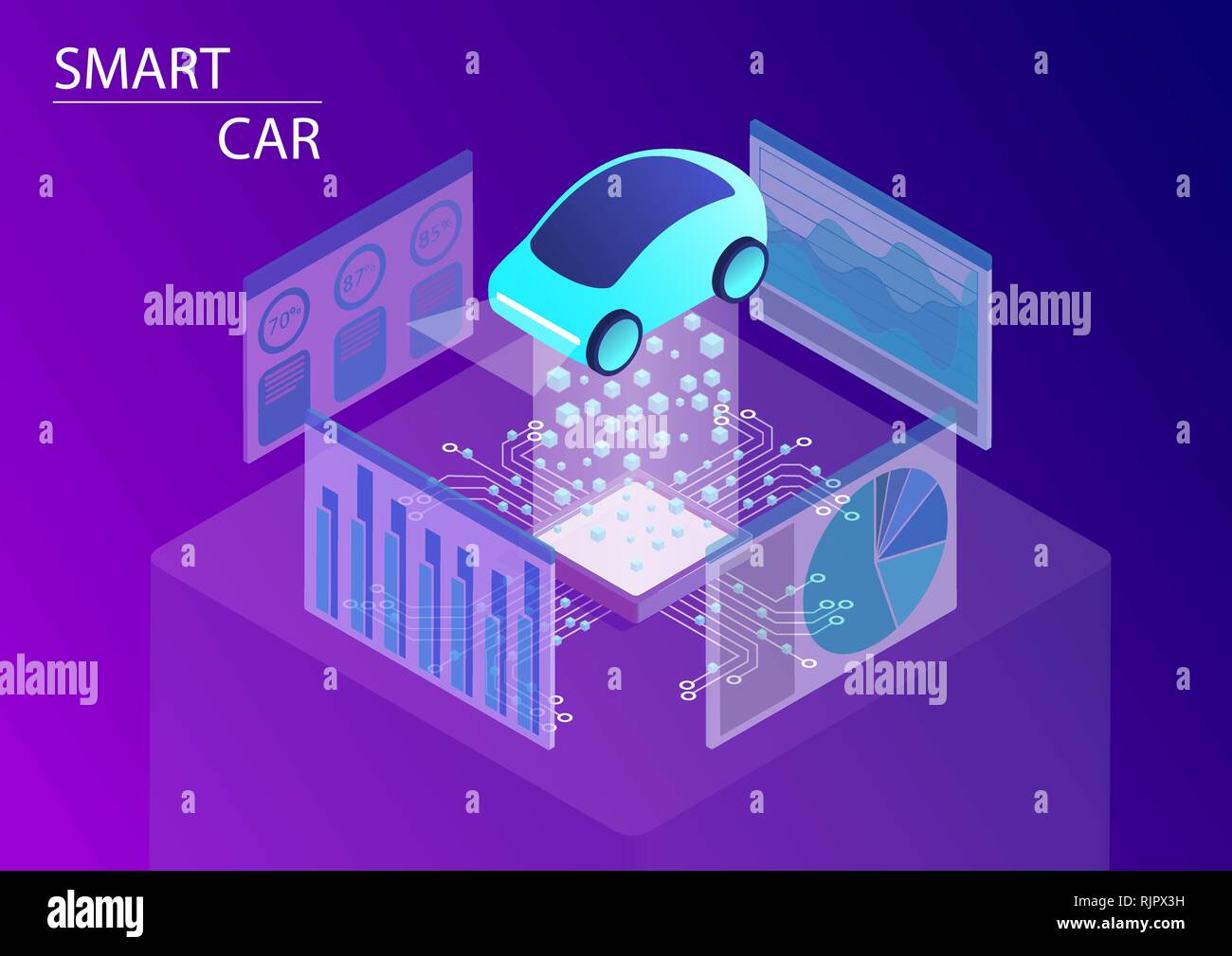 Smart Auto e guida autonoma nozione. 3D isometrica illustrazione vettoriale Illustrazione Vettoriale