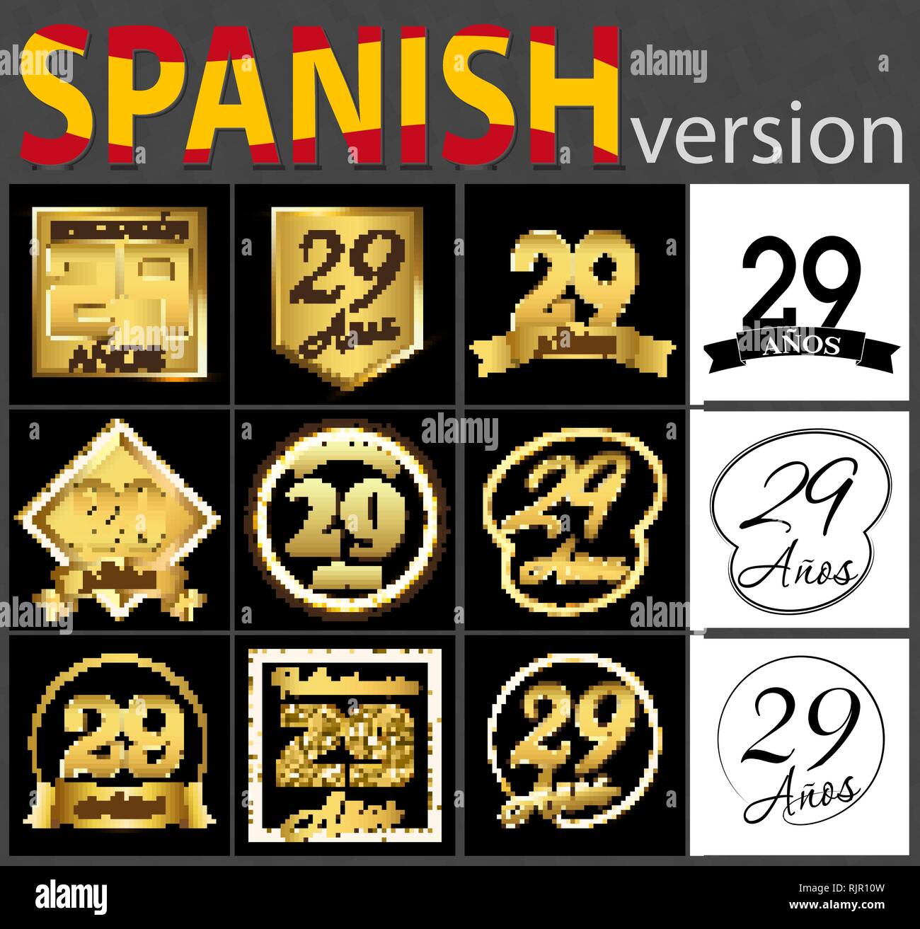 Impostare il numero di ventinove anni (29 anni) la celebrazione del design. Anniversario numero d'oro agli elementi del modello per la tua festa di compleanno. Tradotto da th Illustrazione Vettoriale