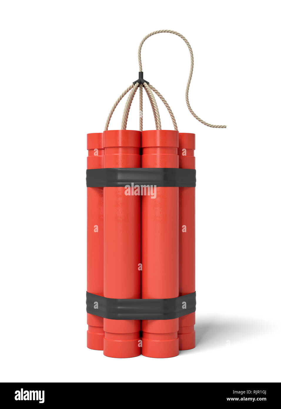 3D rendering di un bundle di dinamite bastoni in posizione eretta su uno sfondo bianco. Esplora le profondità della terra. Opere di esplosivo. Dynamite forniture. Foto Stock