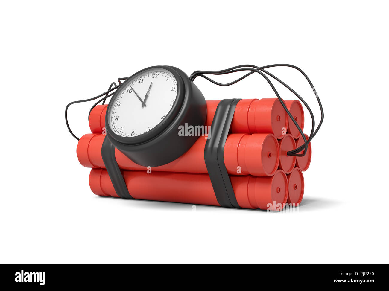 3D rendering di un bundle di dinamite bastoni con un orologio attaccato al lato di esso su uno sfondo bianco. Lavoro pericolose. Forniture di esplosivo. Distruggere Foto Stock
