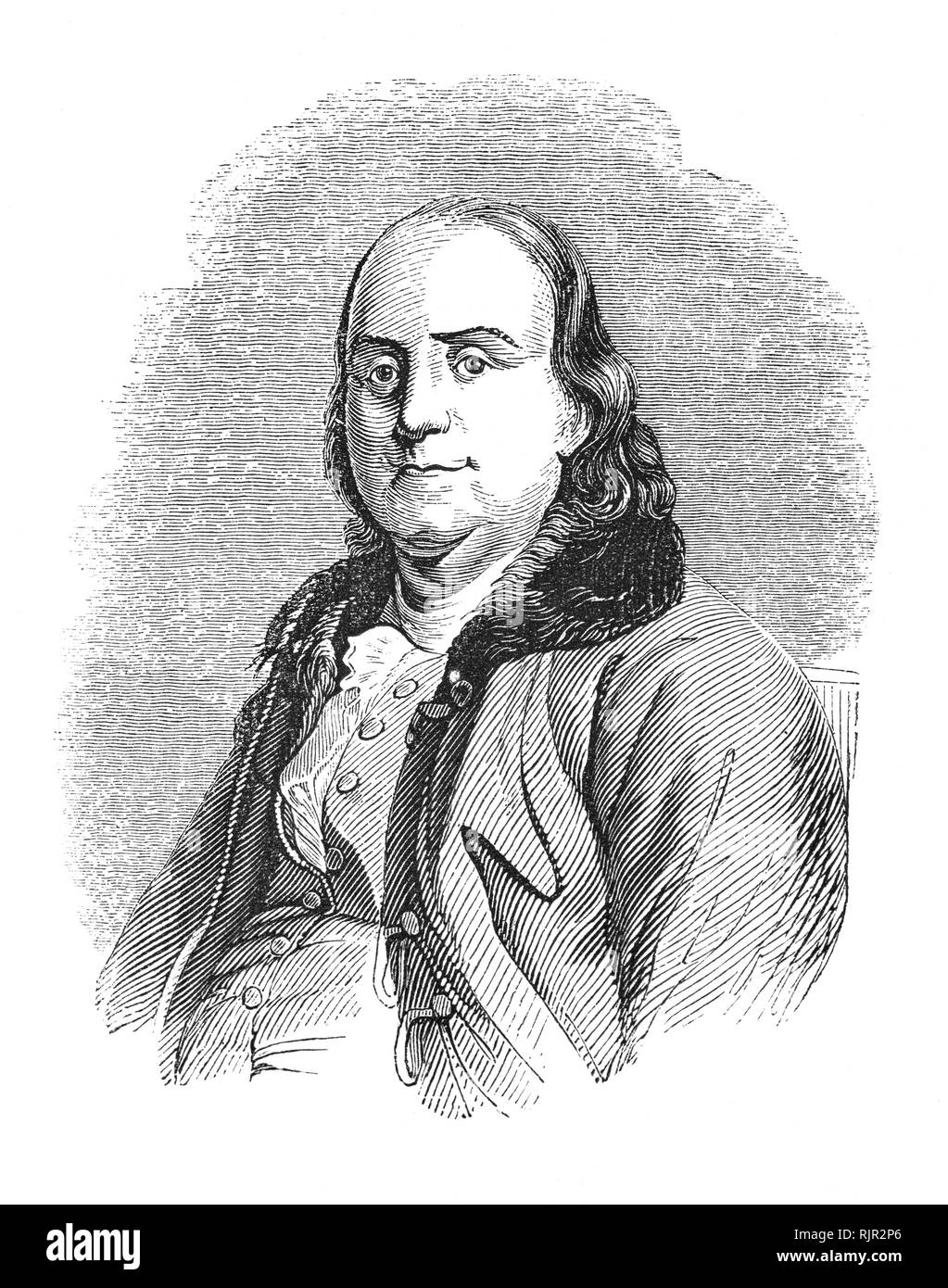 Un ritratto di Benjamin Franklin (1706-1790), un polymath americano e uno dei padri fondatori degli Stati Uniti. Franklin era un autore principale, una stampante, un teorico politico, un politico massone, postmaster, scienziato, inventore, UMORISTA, attivista civica, statista e diplomatico. Come scienziato, egli è stato una figura importante nella American Illuminismo e la storia della fisica per le sue scoperte e le teorie in materia di elettricità. Come un inventore, egli è conosciuto per l'asta parafulmini, bifocali, e la stufa Franklin, tra le altre invenzioni. Foto Stock