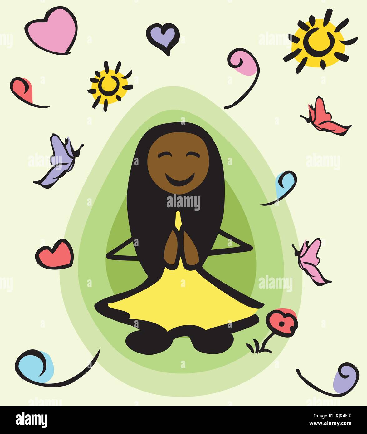 Afro-americano bacchetta femmina persona seduta nella posizione del loto e meditare. Intorno a lei è un verde aura e elementi positiv. Illustrazione Vettoriale