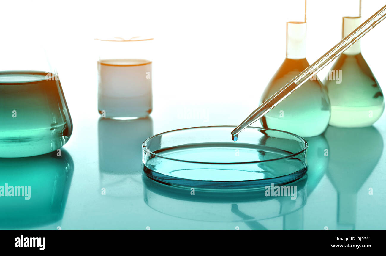 Vetreria Laboratoy con prodotti chimici e liquidi, chimica scienza Foto Stock