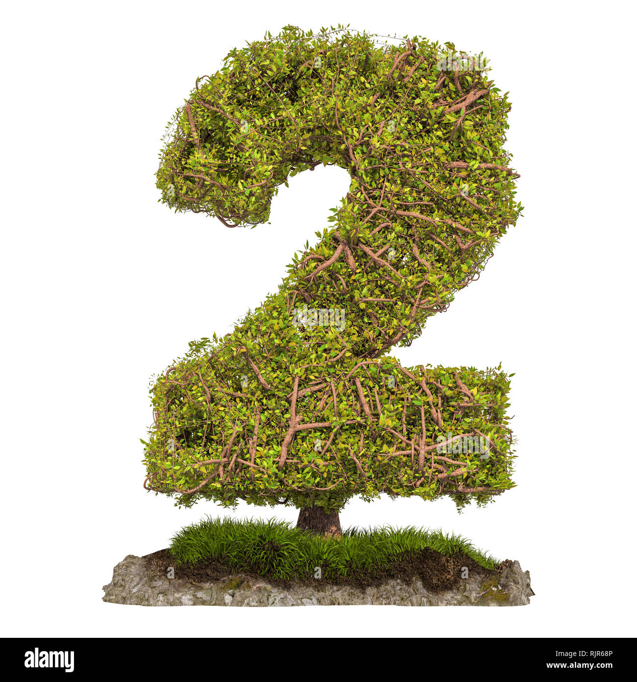 Numero della struttura 2. Albero in forma di numero 2, 3D rendering isolati su sfondo bianco Foto Stock