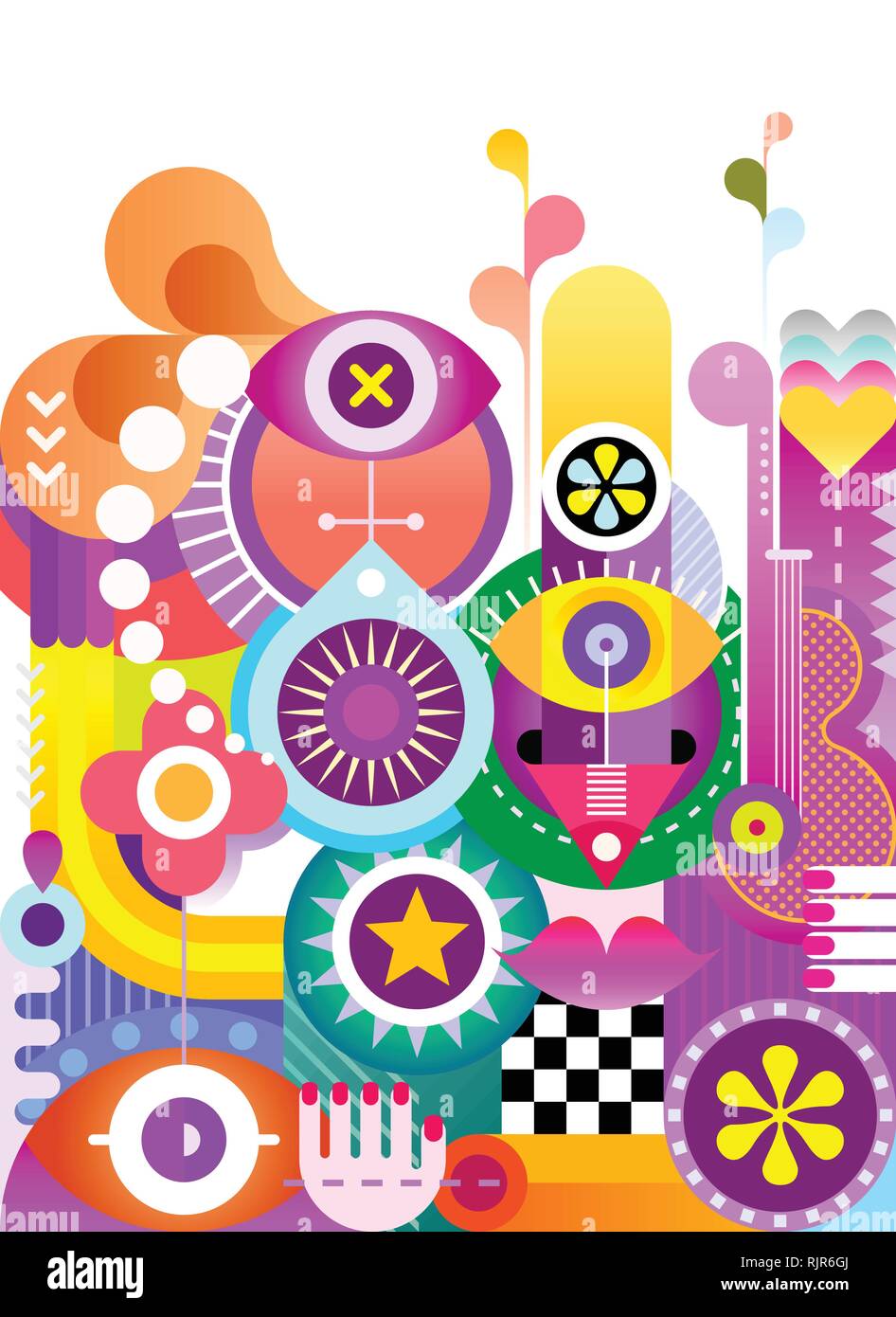 Arte astratta sfondo vettoriale. Decorazione a colori vibranti collage di vari oggetti e forme. Illustrazione Vettoriale