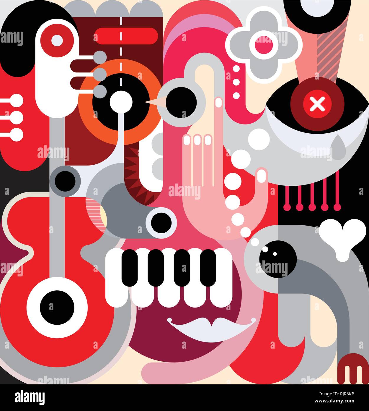 Arte astratta sfondo vettoriale. Collage decorativi di vari oggetti e forme. Illustrazione Vettoriale