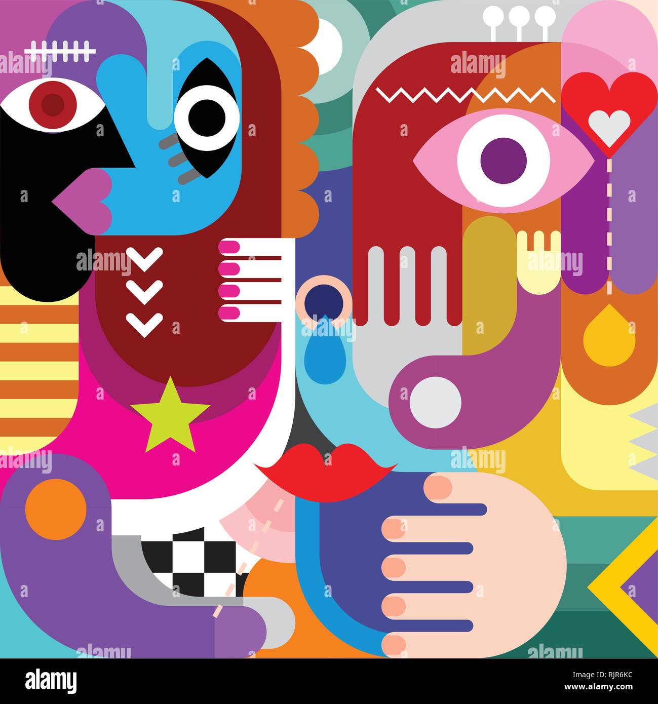 Arte astratta sfondo vettoriale. Collage decorativi di vari oggetti colorati e forme. Illustrazione Vettoriale