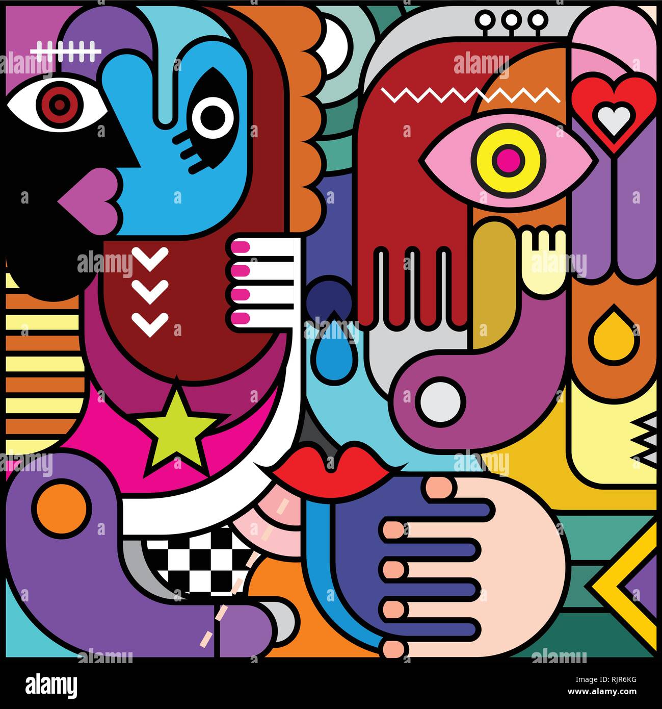 Il vetro macchiato. L'arte astratta illustrazione vettoriale. Collage decorativi di vari oggetti colorati e forme. Illustrazione Vettoriale