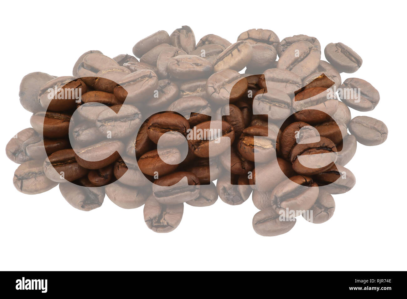 Immagine con testo evidenziato Cafe contro sfondo pallido di chicchi di caffè Foto Stock