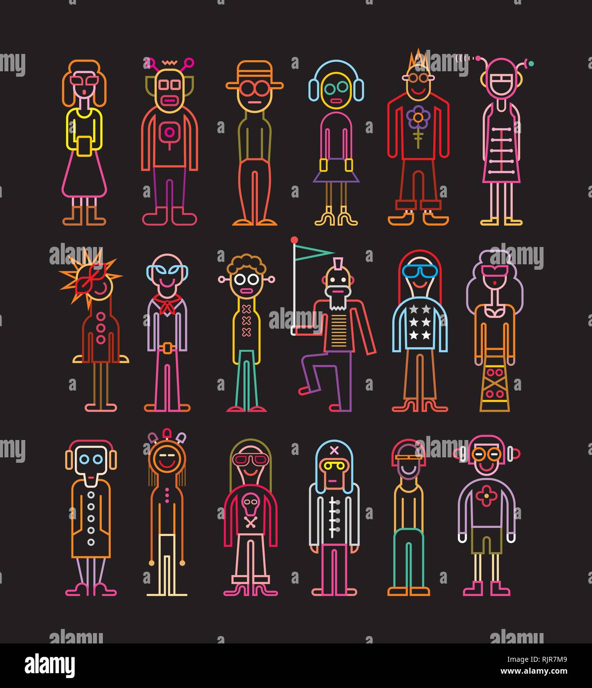 Insieme di persone divertenti icone vettoriali su sfondo nero. Brillanti colori al neon. Le donne e gli uomini indossano abiti a fantasia. Illustrazione Vettoriale