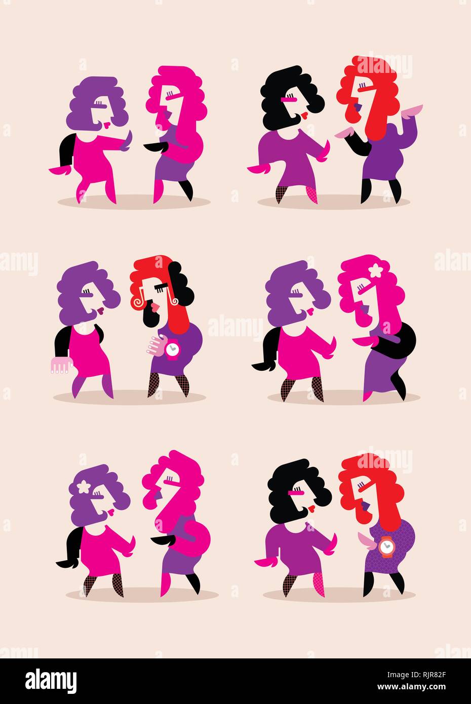 Due donne danzanti illustrazione vettoriale. Sei varianti di immagini isolate su uno sfondo chiaro. Illustrazione Vettoriale