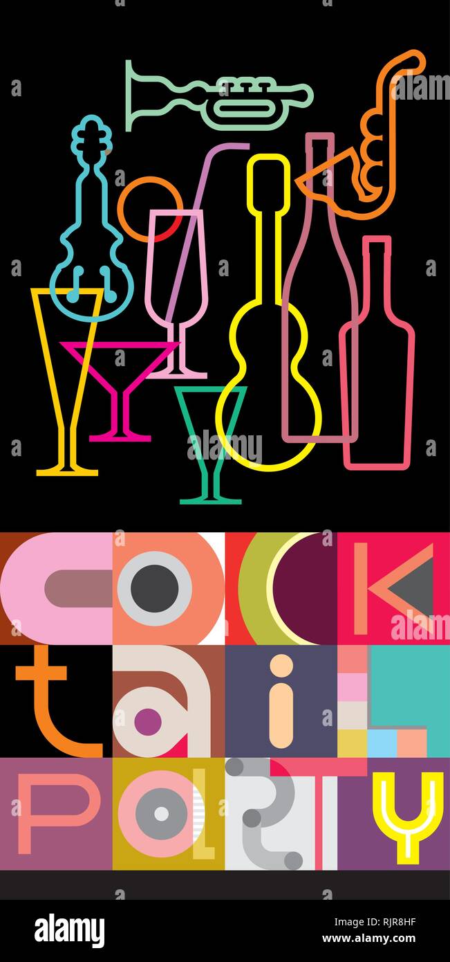 Banner di vettore con sagome di strumenti musicali, cocktail bicchieri, bottiglie e iscrizione "Cocktail Party". Testo geometrico design. Illustrazione Vettoriale