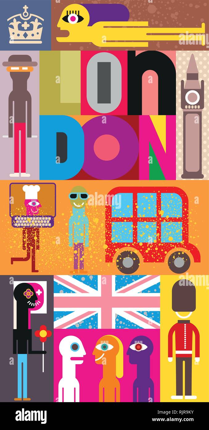 Londra - illustrazione vettoriale. Composizione di arte, collage con iscrizione 'London'. Illustrazione Vettoriale