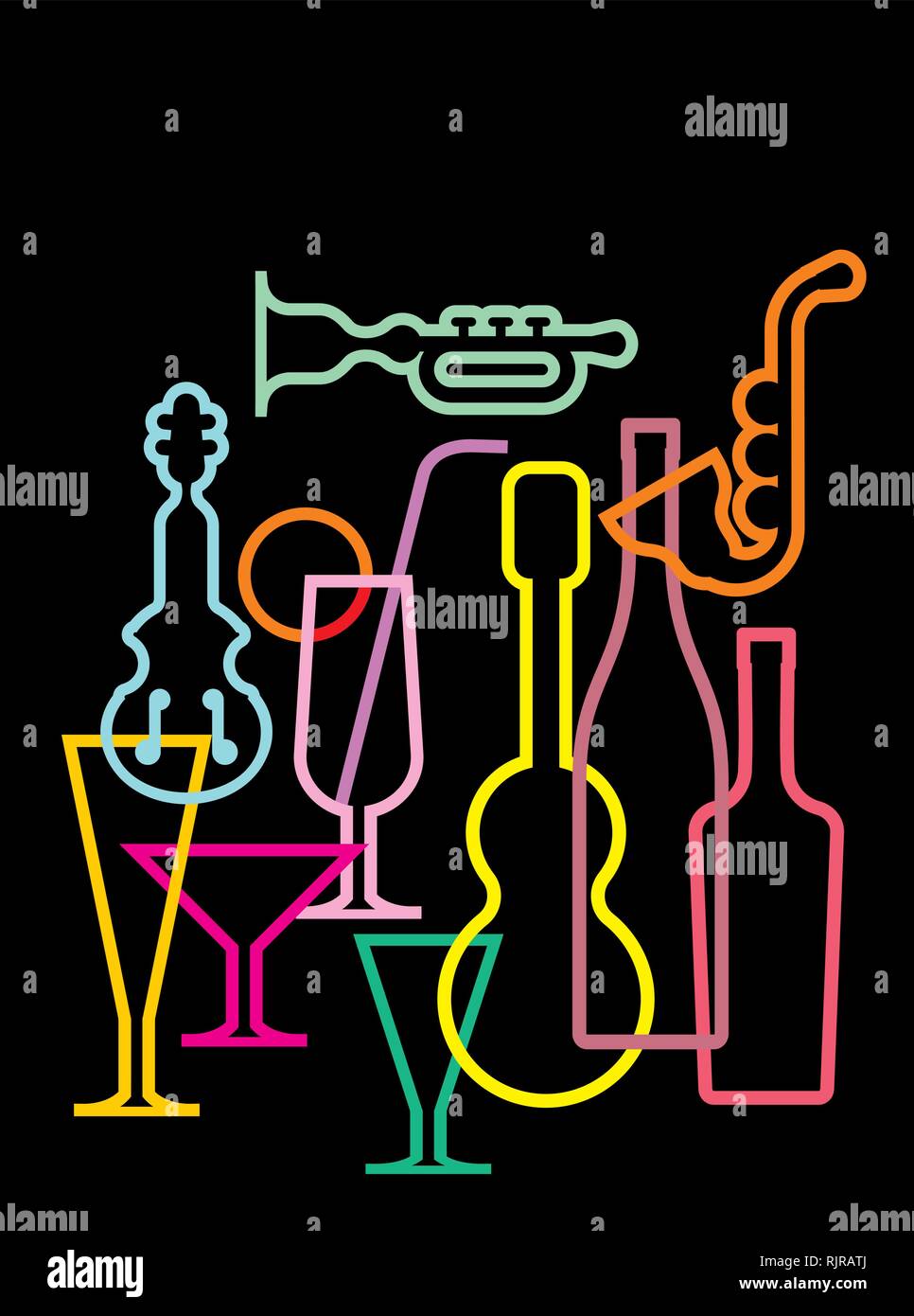 Neon di sagome di strumenti musicali, bicchieri e bottiglie - isolato su sfondo nero. Illustrazione Vettoriale. Illustrazione Vettoriale