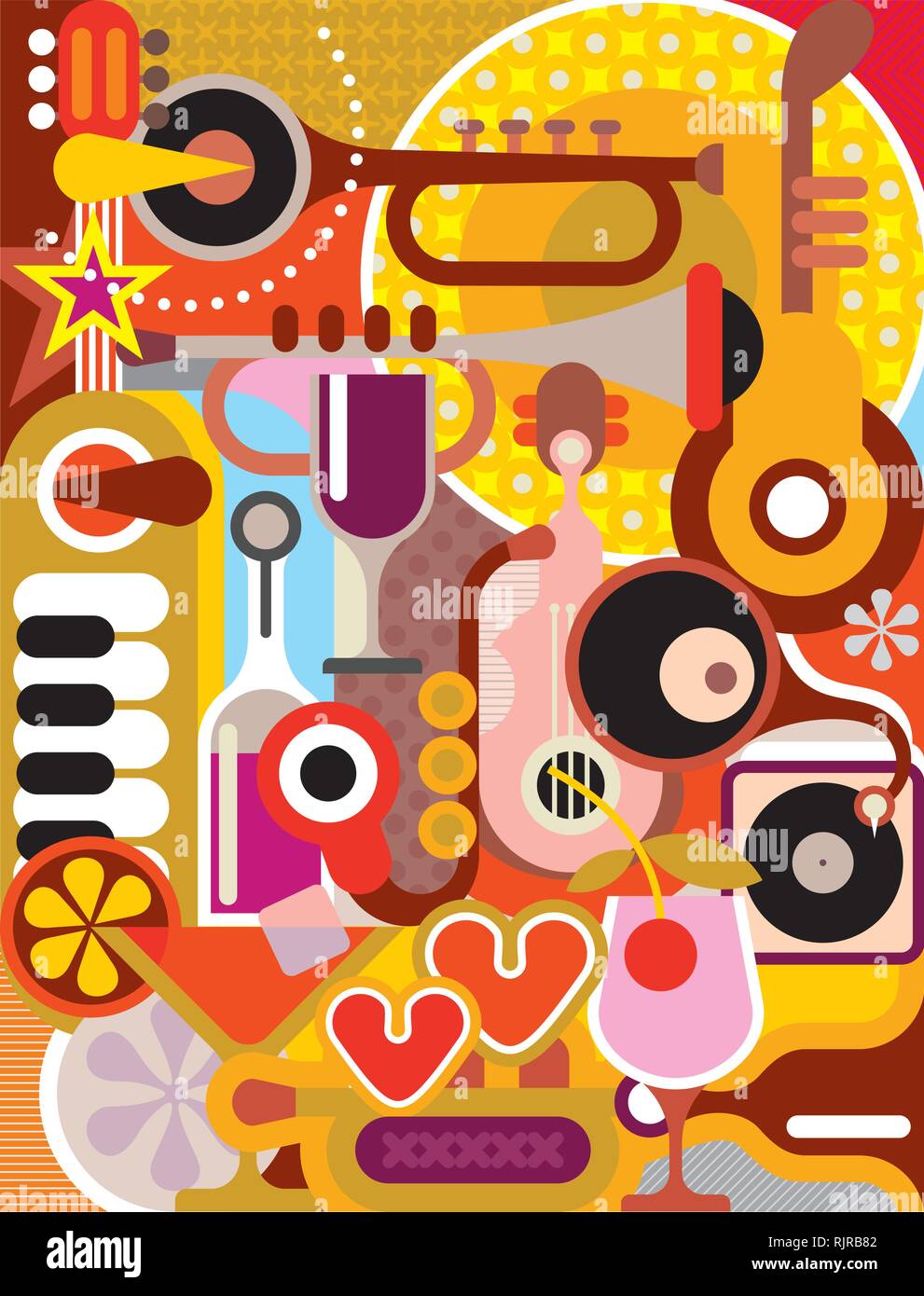 Musica - illustrazione vettoriale. Composizione astratta con strumenti musicali e bicchieri da cocktail. Illustrazione Vettoriale