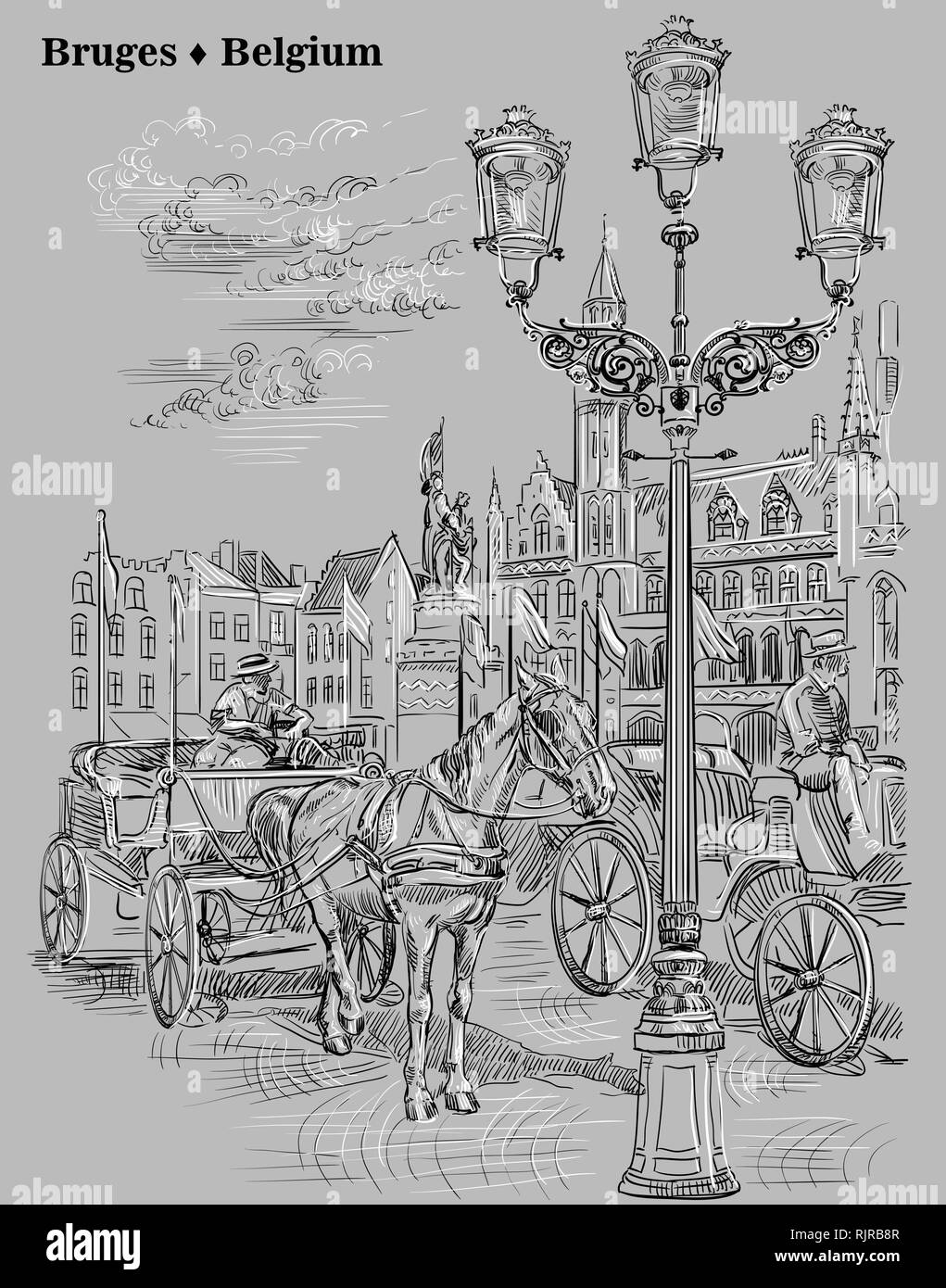 Vista sul Grote Markt square con i cavalli, carri e lanterne in città medievale Bruges, Belgio. Vettore di disegno a mano illustrazione in bianco e nero c Illustrazione Vettoriale