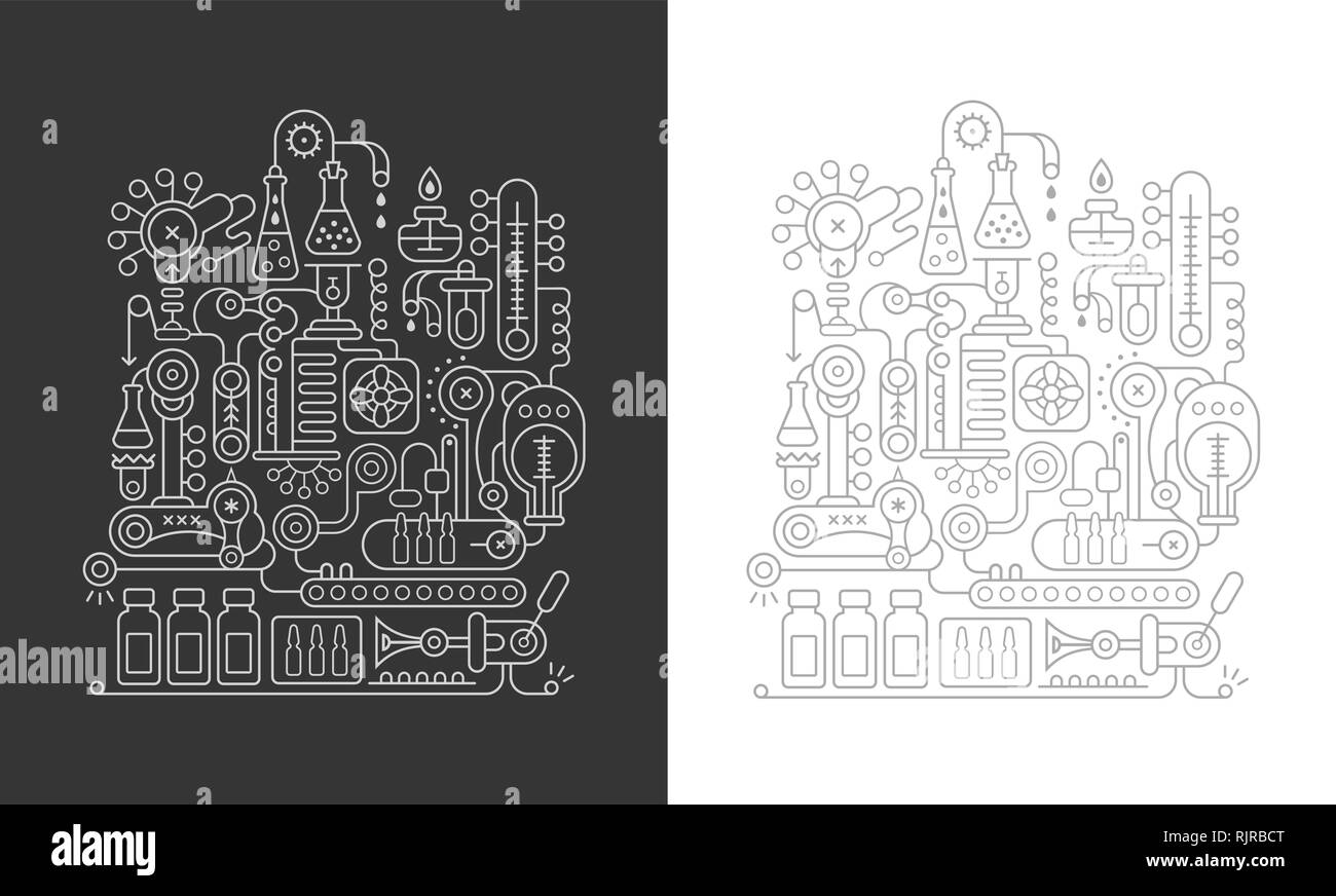 Due opzioni di un laboratorio di ricerca apparecchiature linea vettore illustrazione d'arte. Apparecchiatura chimica progetta isolato su un bianco e su un grigio scuro backgr Illustrazione Vettoriale