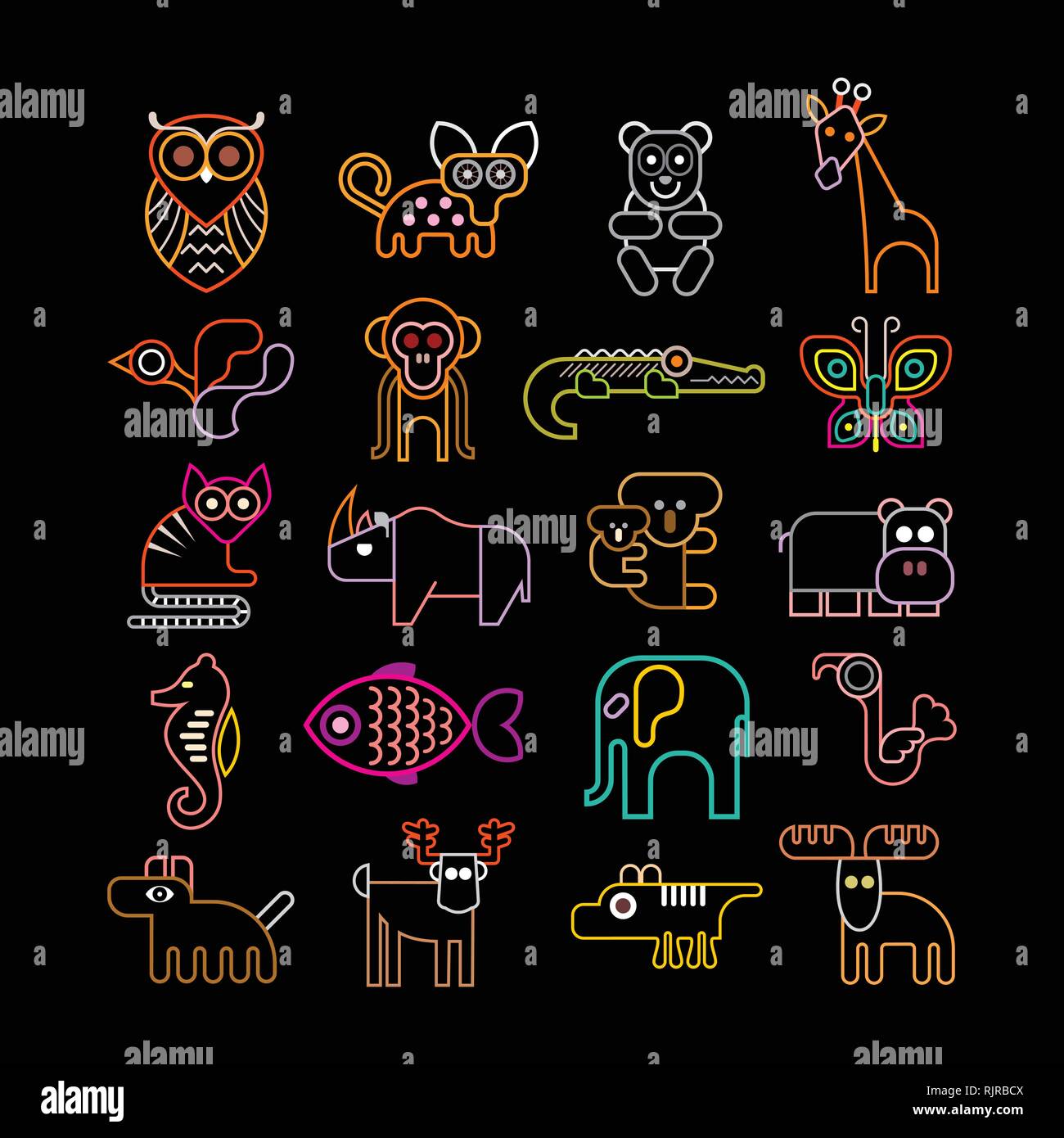Colori al neon su uno sfondo nero animali, uccelli e pesci vector icon set. Illustrazione Vettoriale