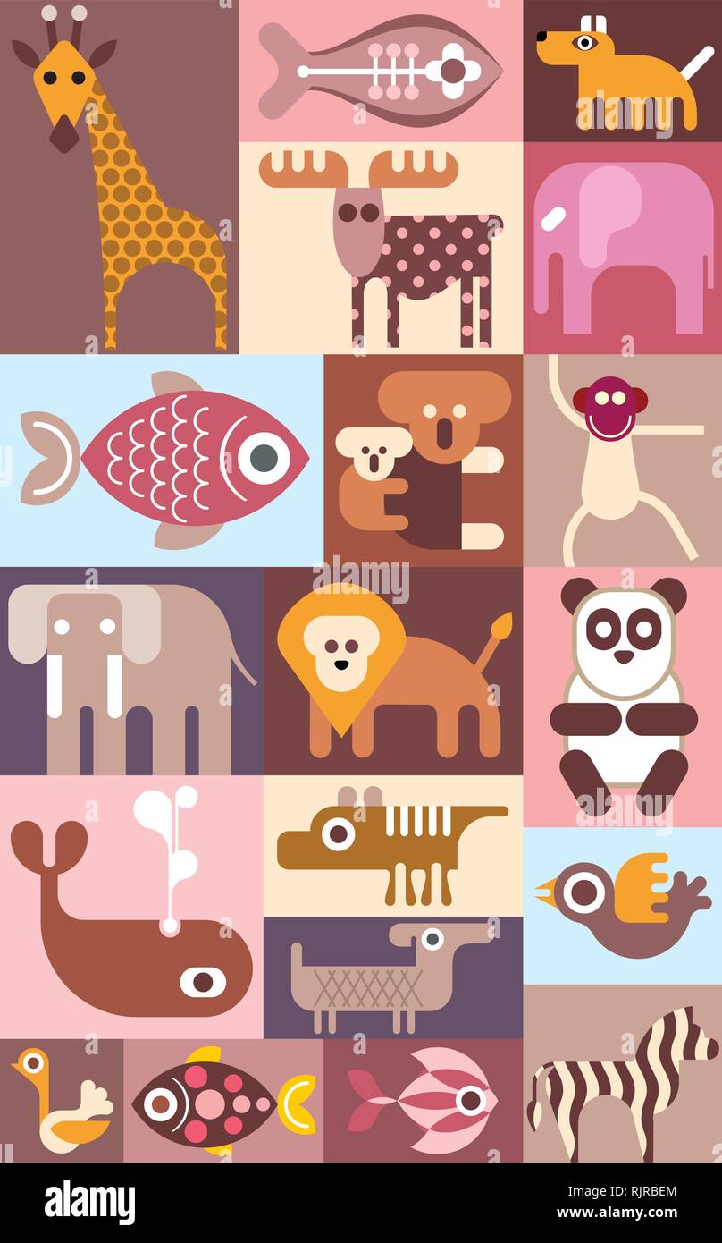 Animali da Zoo, uccelli e pesci tropicali vettore collage. Illustrazione Vettoriale