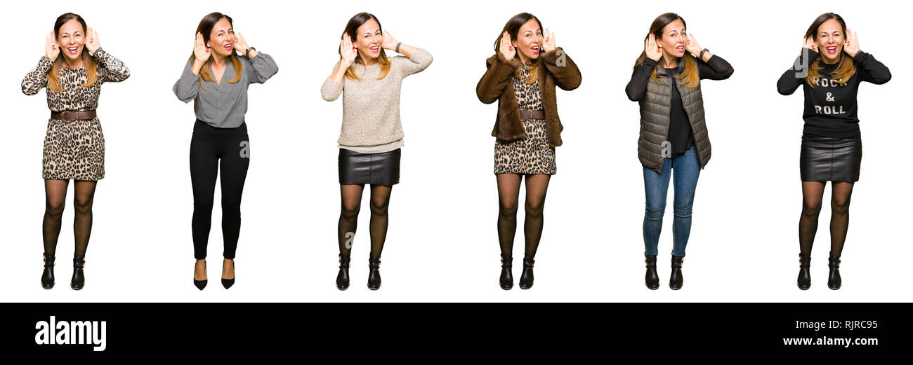 Collage di bella età media donna che indossa un aspetto diverso su bianco sfondo isolato cercando di ascoltare entrambe le mani sul gesto dell'orecchio, curioso di GOS Foto Stock