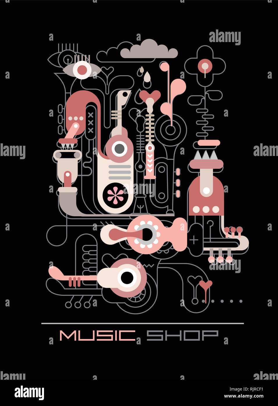 Composizione astratta di 'musica shop". Linea del vettore e la forma tecnica illustrazione su uno sfondo nero. Combinazione di delineate e gli oggetti colorati. Illustrazione Vettoriale