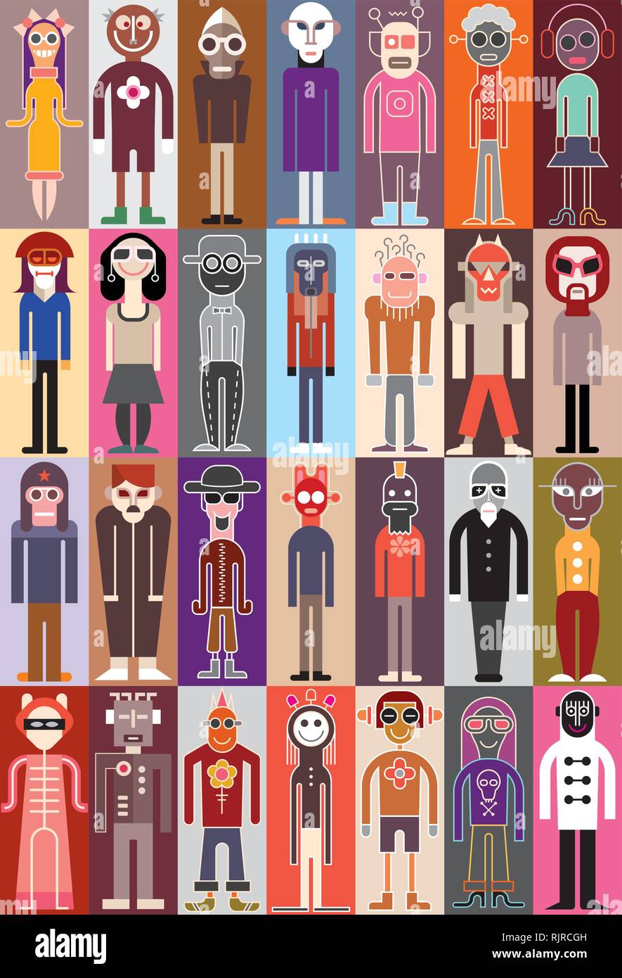 Gruppo di persone che indossano abiti a fantasia. Serie di ritratti, illustrazione vettoriale. Illustrazione Vettoriale