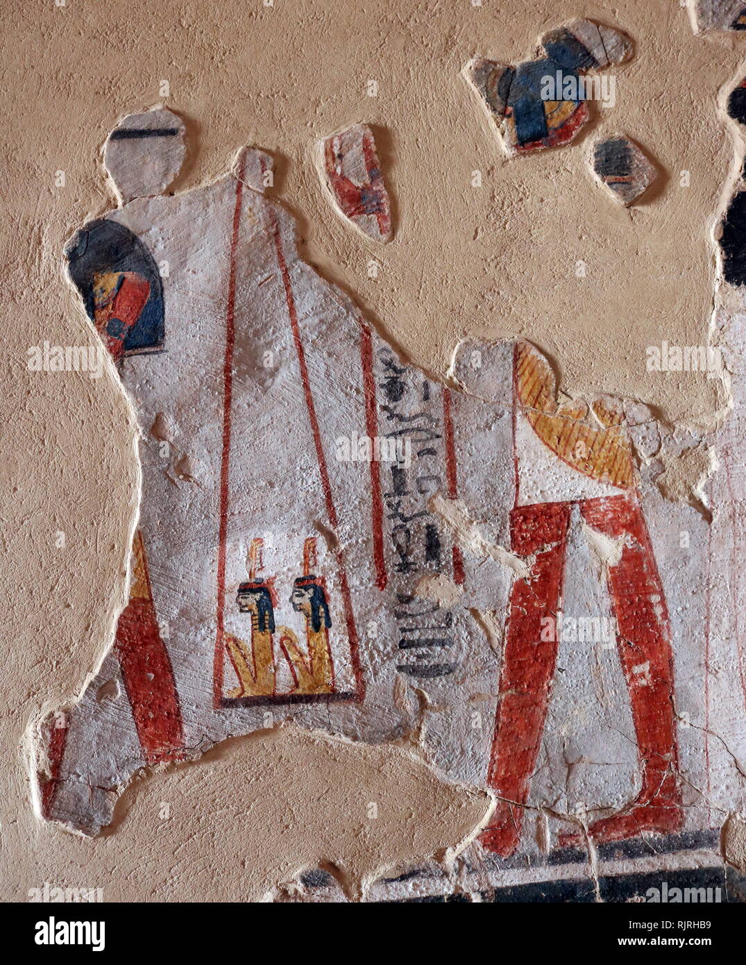 Pittura murale all'interno della tomba tebana di Roy (TT255), nell' Dra Abu el-Naga'. Esso fa parte della necropoli tebana, situato sulla sponda occidentale del Nilo di fronte a Luxor. Il sepolcro è il luogo di sepoltura degli antichi Egiziani ufficiale, Roy, vissuto alla fine del XVIII dinastia, durante il regno del re Horemheb. Roy era uno scriba regale nelle tenute di Horemheb e di Amon. Sua moglie che appare con lui nella tomba dipinti, è denominato Nebtawy, o 'Tawy' Foto Stock