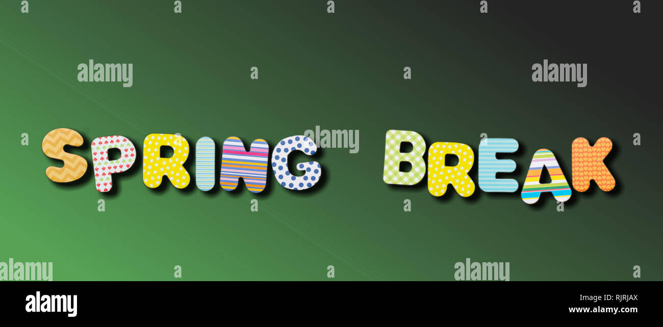 Spring Break concetto. Testo con lettere colorate di verde sul colore di sfondo, banner Foto Stock