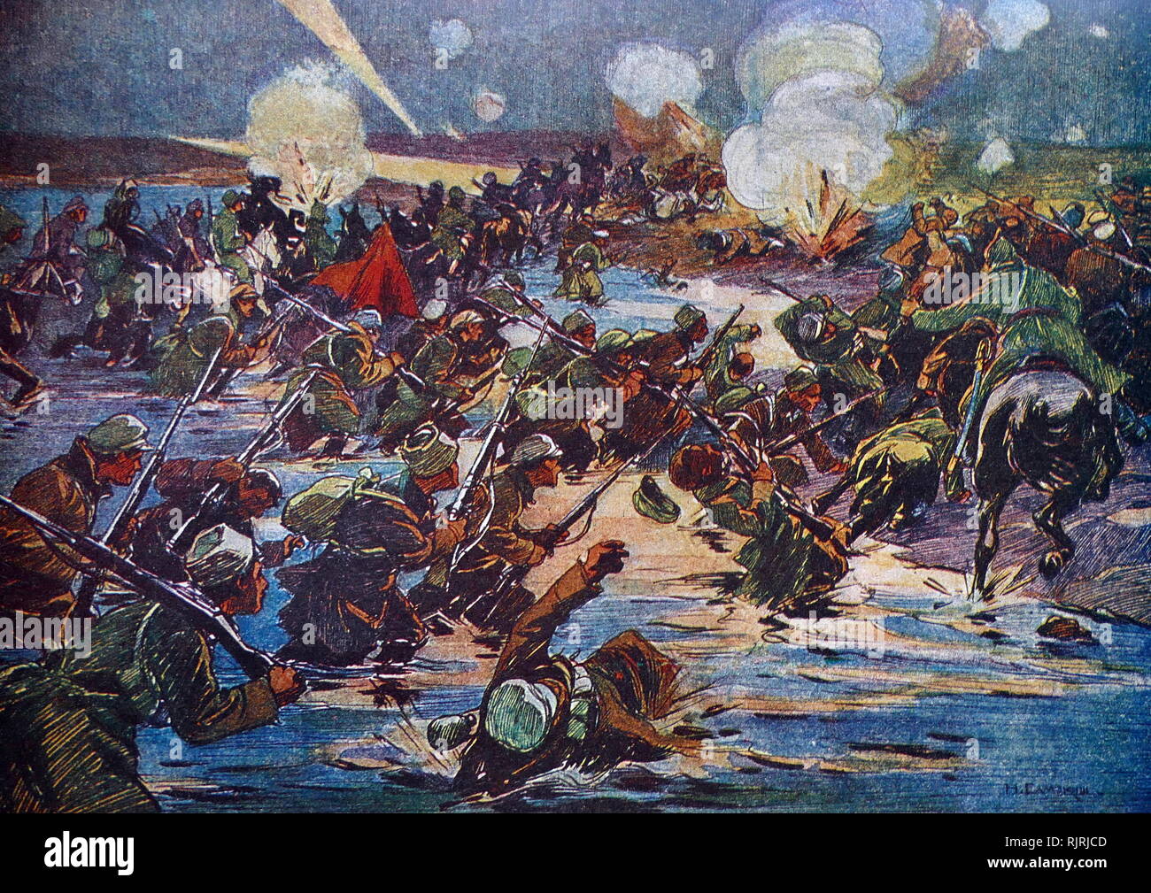 Attacco notturno sotto Perekop da Samoki n. L'Assedio di Perekop era una importante battaglia nella guerra civile russa. Esso ha avuto luogo dal 7 al 17 novembre 1920. Il funzionamento permesso offensiva delle truppe del fronte meridionale dell'Armata rossa sotto il comando di Mikhail Frunze ad avanzare contro il bianco esercito russo del generale Pyotr Nikolayevich Wrangel a sfondare le fortificazioni a Perekop e Sivash, portando all'Armata Rossa occupazione della Crimea. Foto Stock