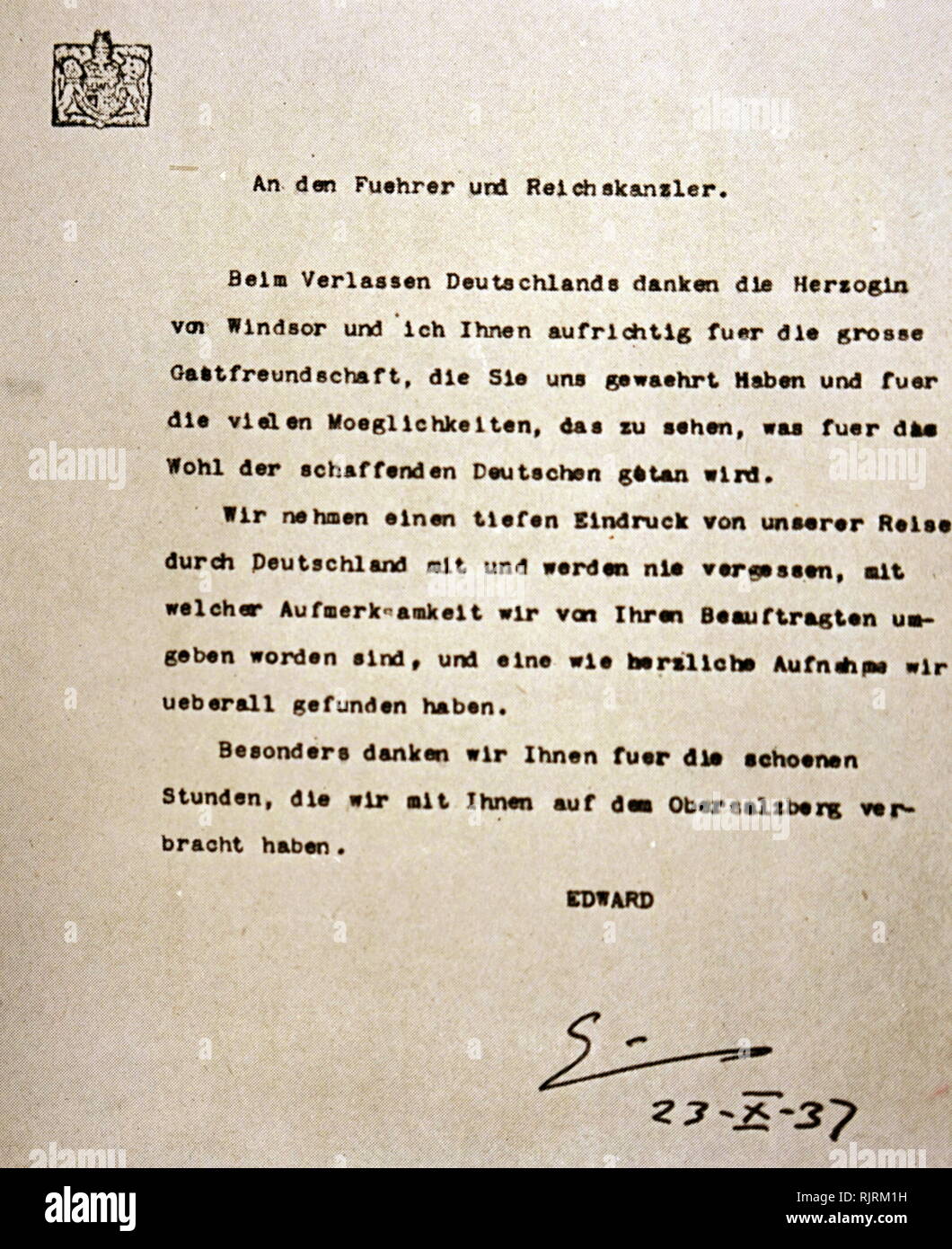 Lettera di apprezzamento da parte del Duca di Windsor, per l'ospitalità dimostrata da Adolf Hitler. Il Duca e la Duchessa di Windsor incontrare Hitler nel mese di ottobre del 1937. Il Duca di Windsor era stato re Edward VIII della Gran Bretagna fino alla sua abdicazione l'anno precedente Foto Stock