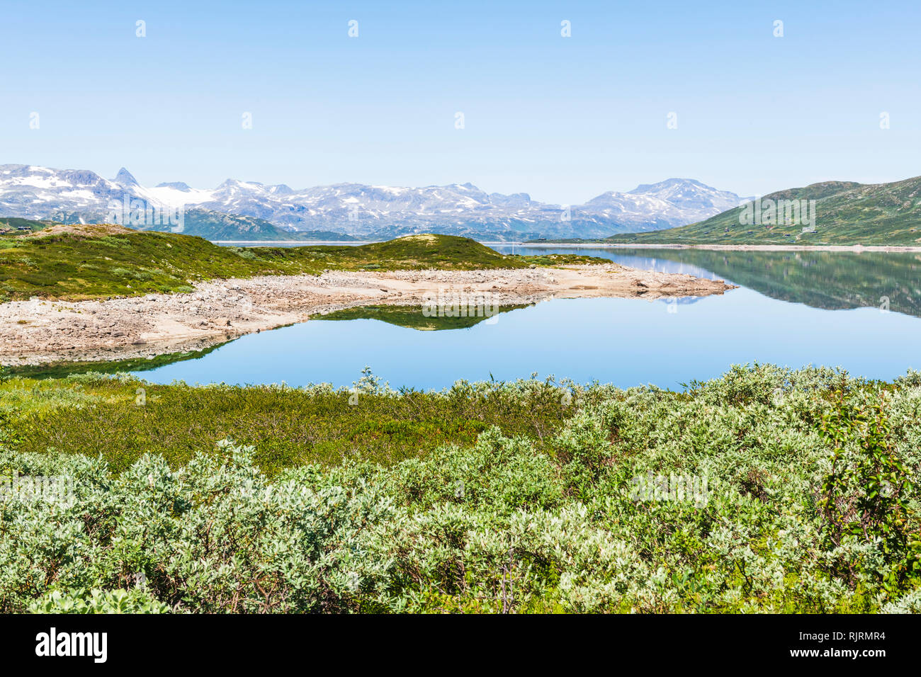Il lago di Tyin circondato da montagne Jutunheimen, Norvegia, Europa Foto Stock