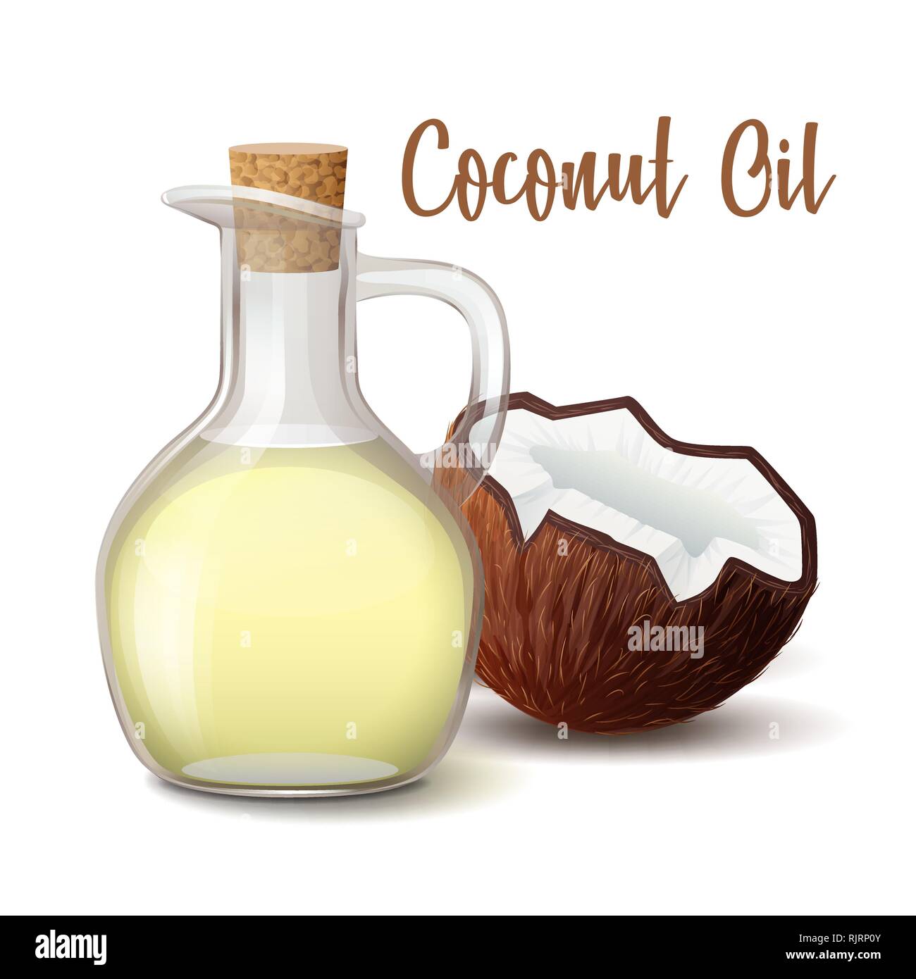 Caraffa di vetro con olio di noce di cocco chiuso il tappo in legno di cocco con illustrazione di vettore isolato su sfondo bianco. Illustrazione Vettoriale