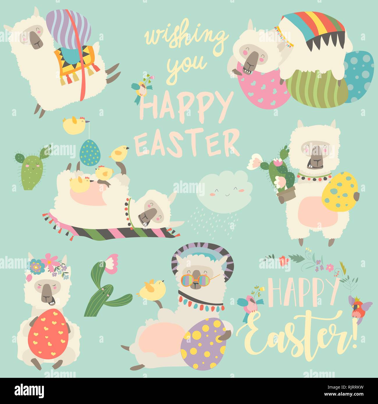 Carino llama o alpaca con uova di Pasqua Illustrazione Vettoriale